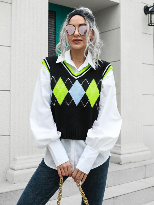 Geometric V-Neck Sweater Vest-Angel Casuals