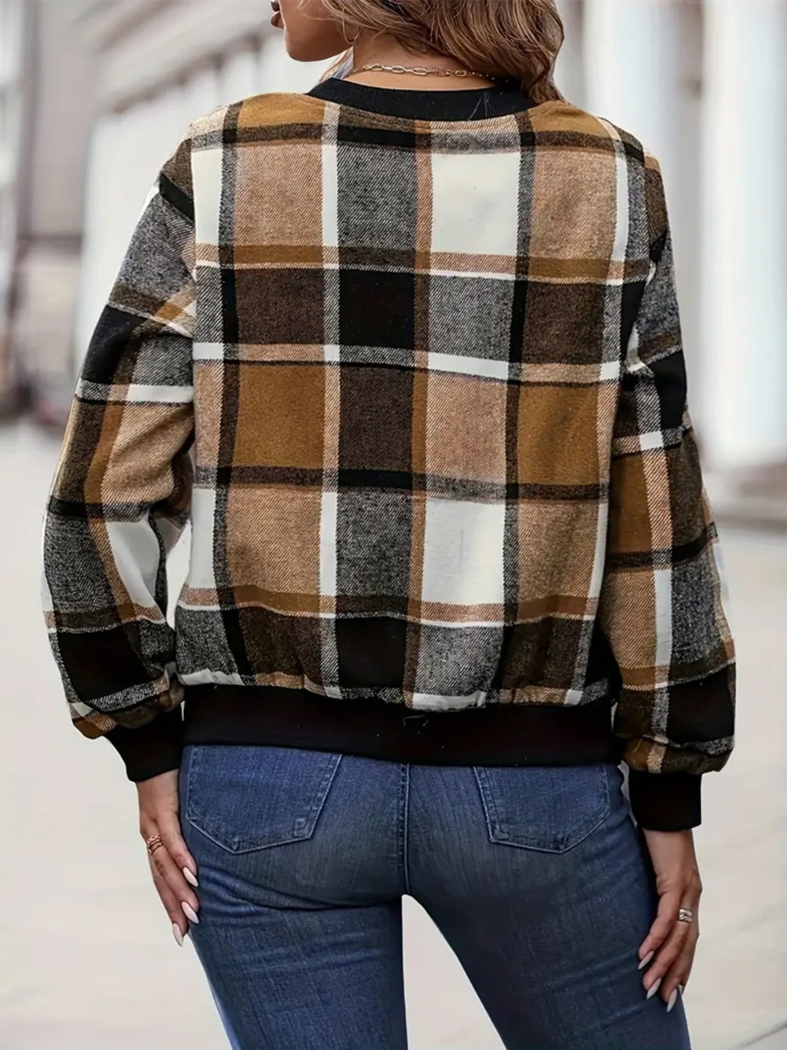 Plus Size Plaid Baseball Collar Zip Up Jacket-Angel Casuals