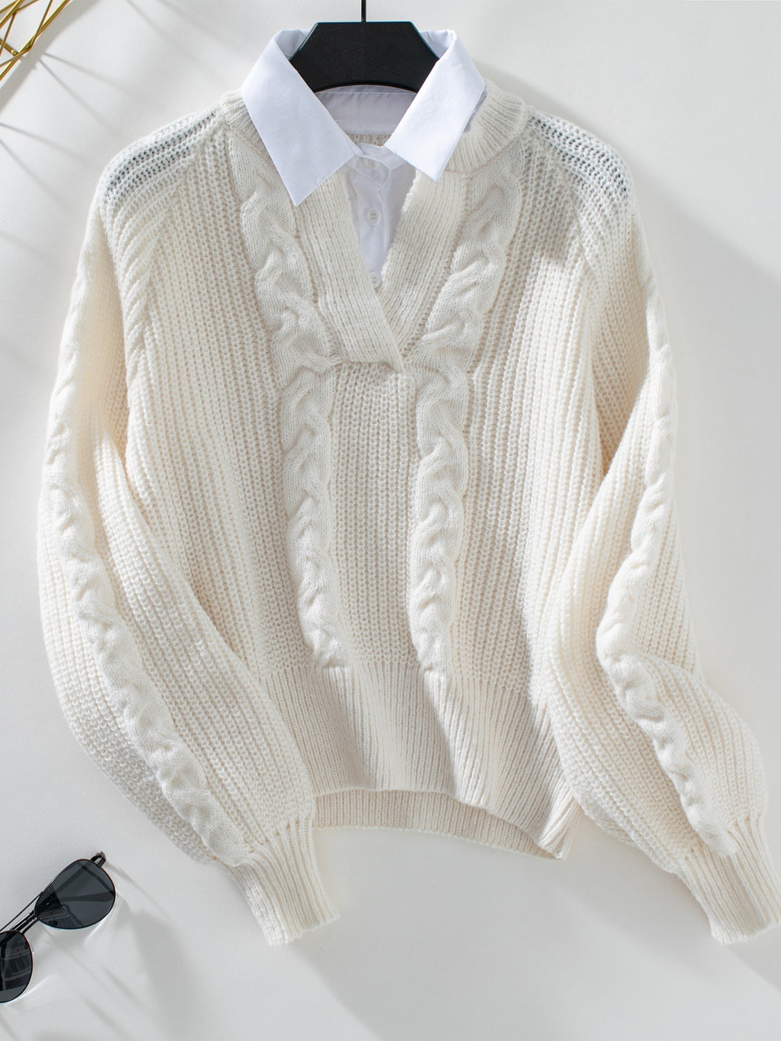 Cable-Knit Collared Neck Faux Layered Sweater-Angel Casuals