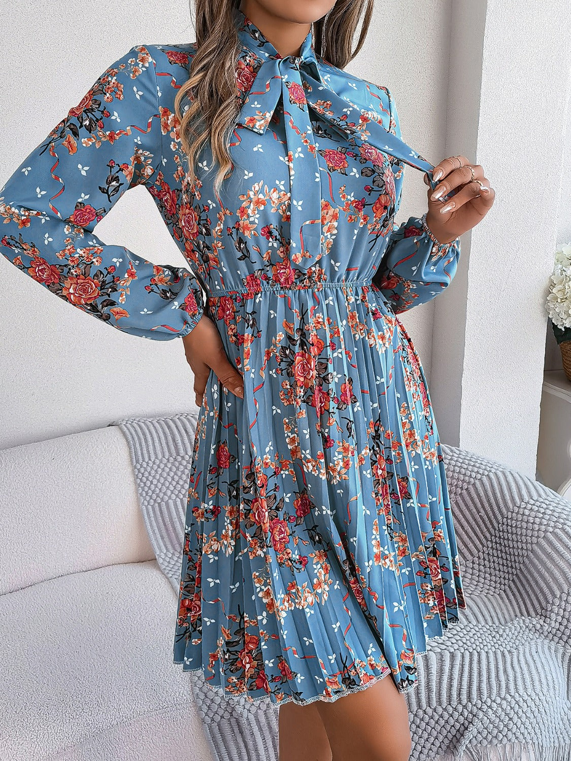 Pleated Printed Tie Neck Long Sleeve Dress-Angel Casuals