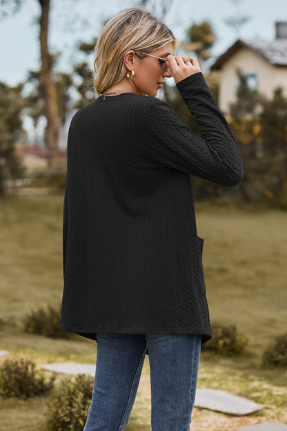 Cable-Knit Long Sleeve Cardigan with Pocket-Angel Casuals