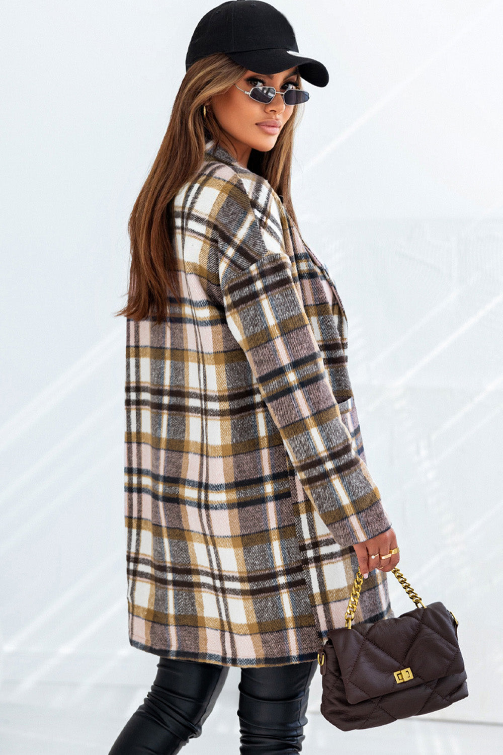 Plaid Longline Jacket with Pockets-Angel Casuals