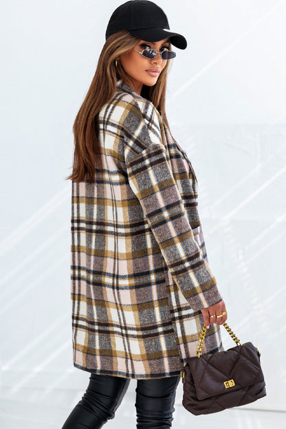 Plaid Longline Jacket with Pockets-Angel Casuals