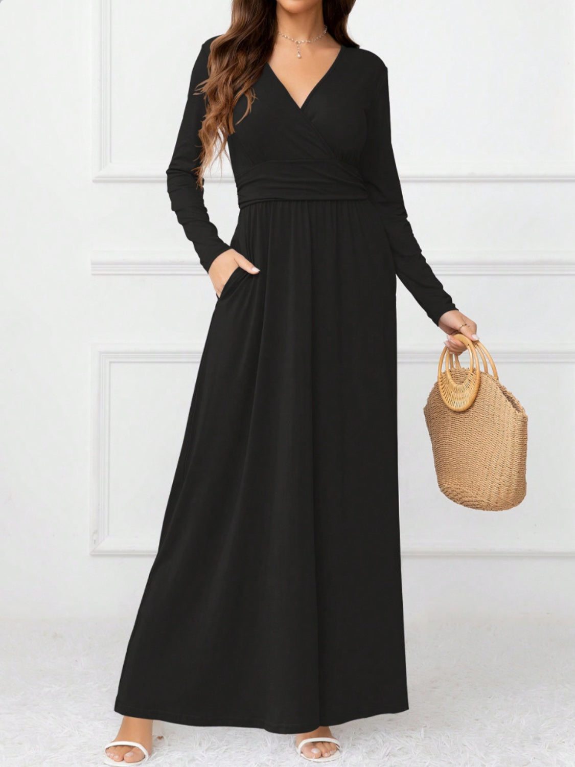 Pocketed Surplice Long Sleeve Maxi Dress-Angel Casuals