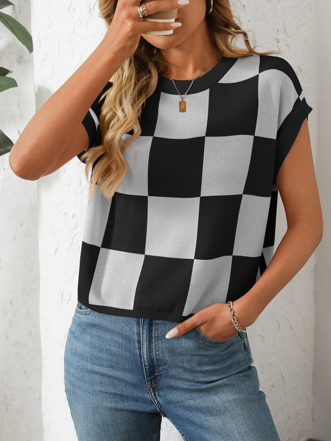 Mandy Checkered Round Neck Cap Sleeve Knit Top-Angel Casuals