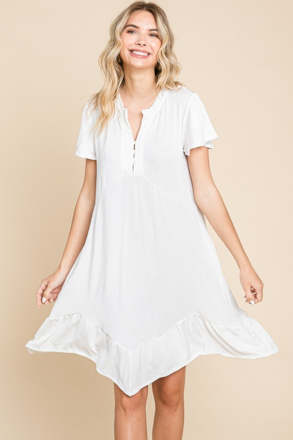 Culture Code Full Size Short Sleeve Ruffled Asymmetric Hem Dress-Angel Casuals