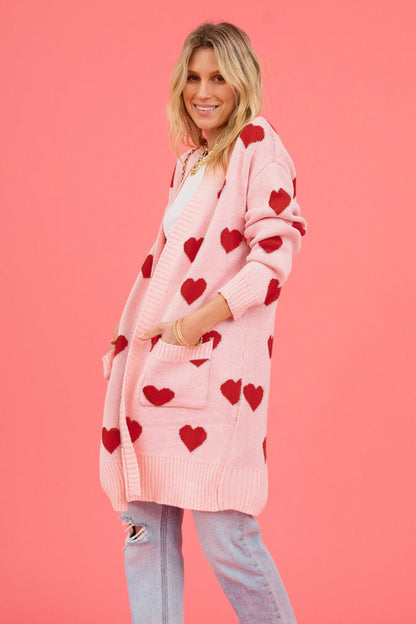 Heart Graphic Open Front Cardigan with Pockets-Angel Casuals