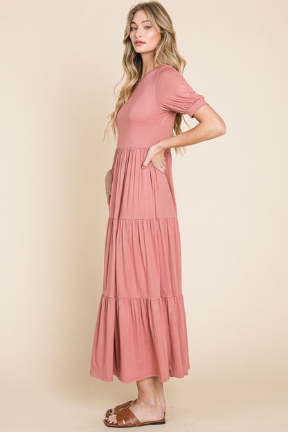 BOMBOM Short Sleeve Tiered Maxi Dress-Angel Casuals