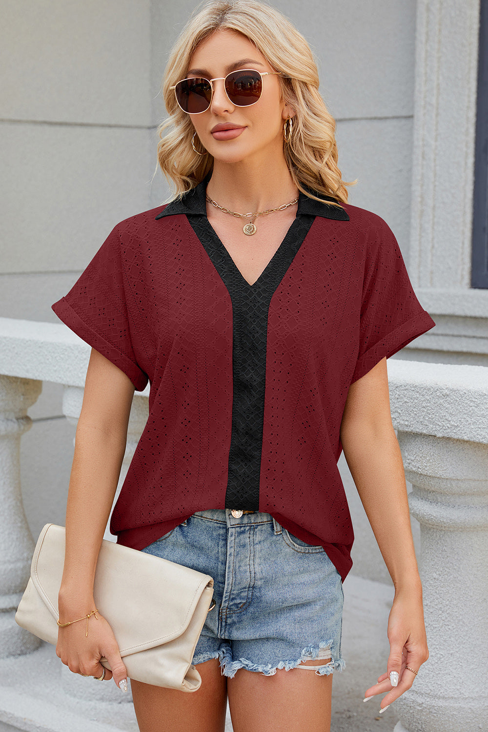 Eyelet Johnny Collar Short Sleeve T-Shirt-Angel Casuals