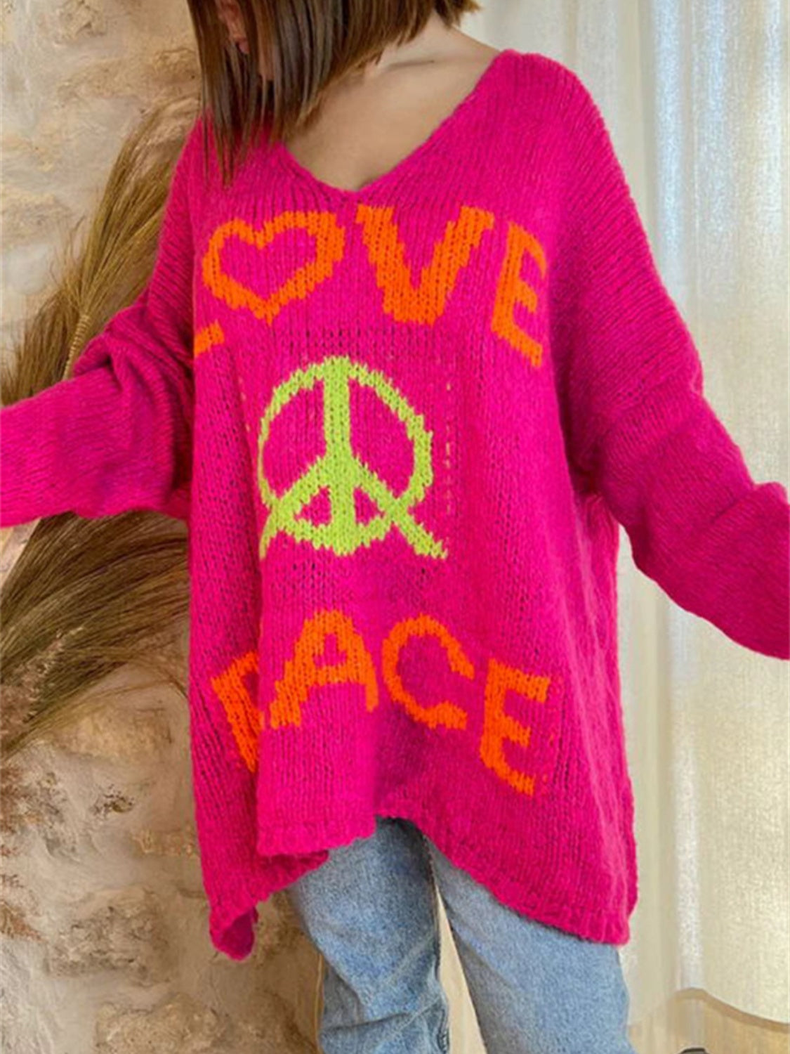 Peace Graphic V-Neck Long Sleeve Sweater-Angel Casuals