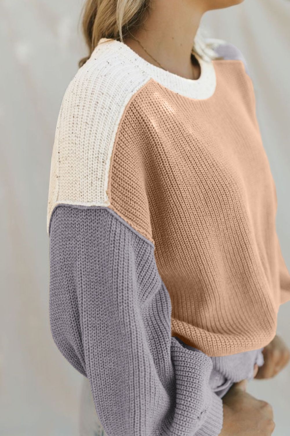 Color Block Round Neck Drop Shoulder Sweater-Angel Casuals