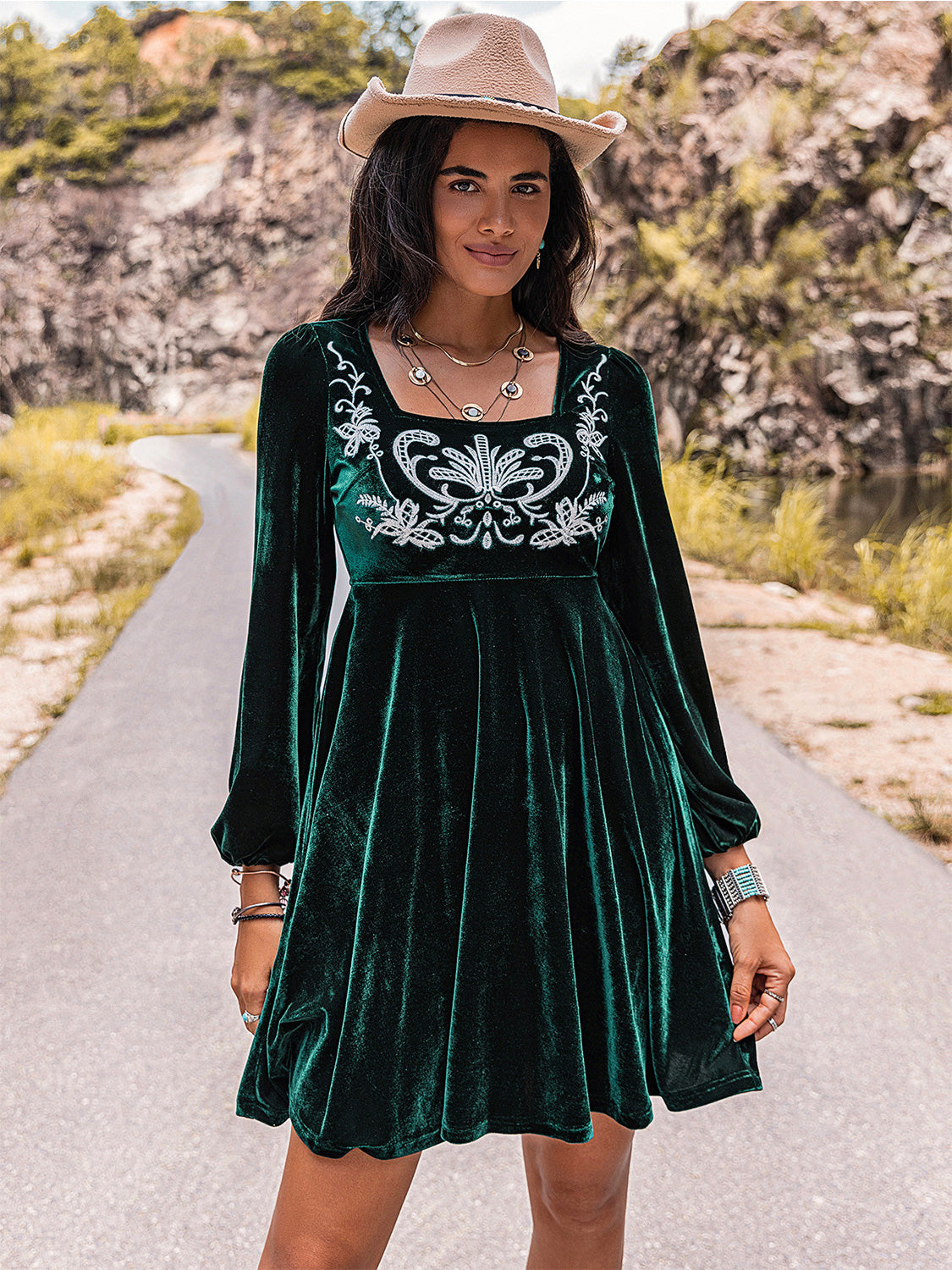 Embroidered Square Neck Long Sleeve Dress-Angel Casuals