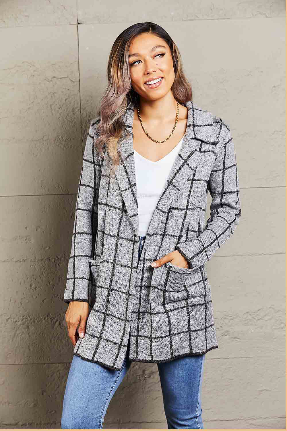 Printed Open Front Lapel Collar Cardigan with Pockets-Angel Casuals