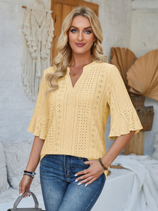 Eyelet Notched Half Sleeve T-Shirt-Angel Casuals
