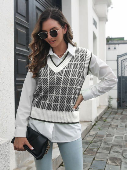 Plaid V-Neck Sweater Vest-Angel Casuals