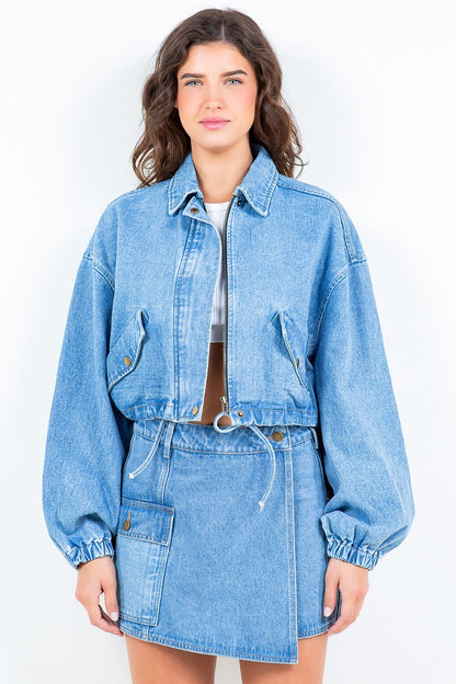 American Bazi Drawstring Waist Crop Denim Jacket-Angel Casuals