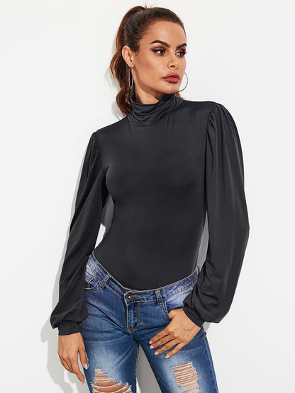 Backless Tie-Waist Turtleneck Lantern Sleeve Bodysuit-Angel Casuals