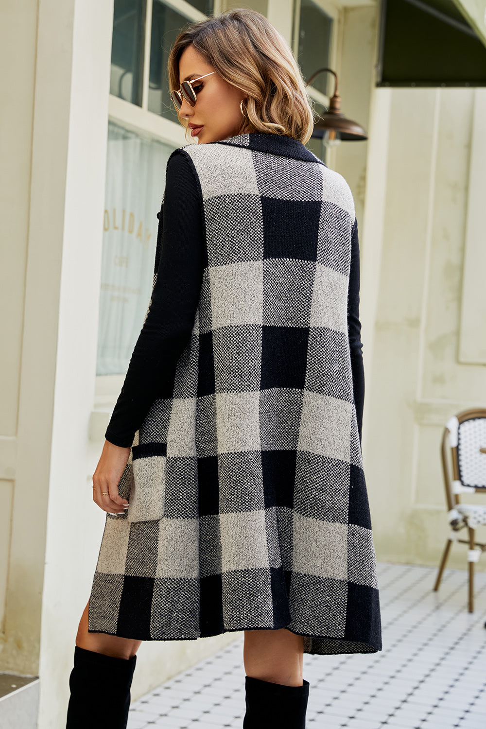 Plaid Open Front Sleeveless Cardigan with Pockets-Angel Casuals