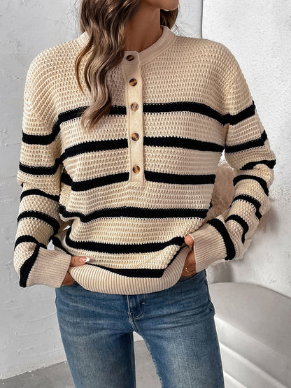 Perfee Striped Half Button Long Sleeve Sweater-Angel Casuals