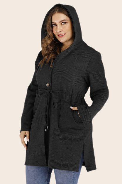 Plus Size Drawstring Waist Hooded Cardigan with Pockets-Angel Casuals