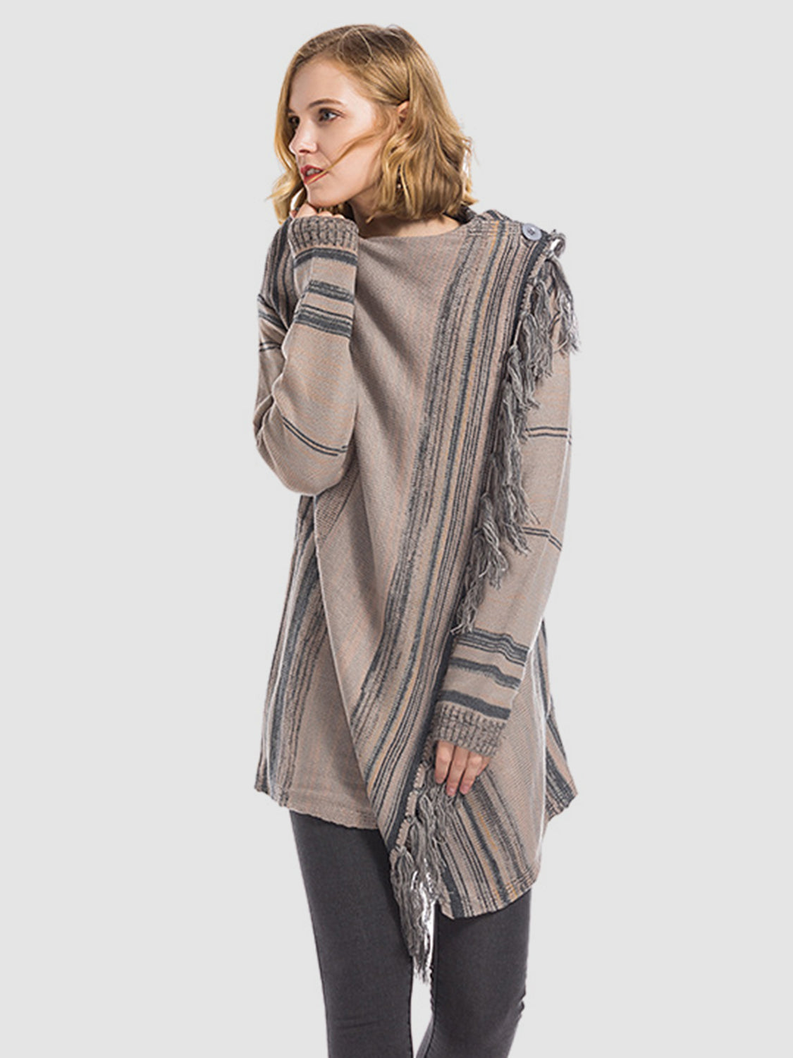 Angel Wings Tassel Striped Open Front Long Sleeve Cardigan-Angel Casuals