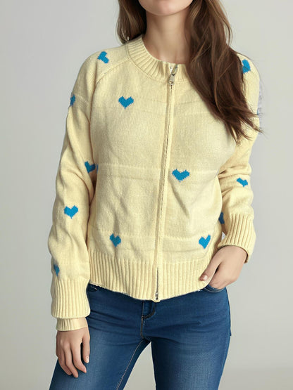 Heart Round Neck Zip Up Cardigan-Angel Casuals