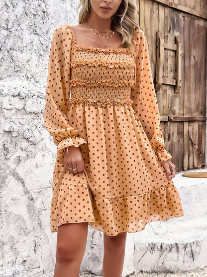 Smocked Polka Dot Long Sleeve Dress-Angel Casuals