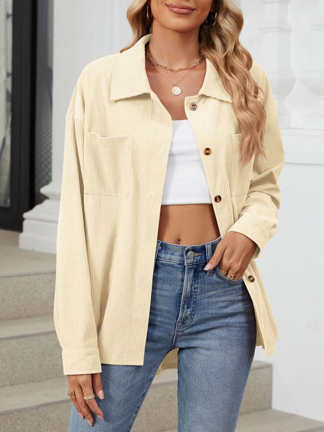 Button Up Dropped Shoulder Long Sleeve Outerwear-Angel Casuals