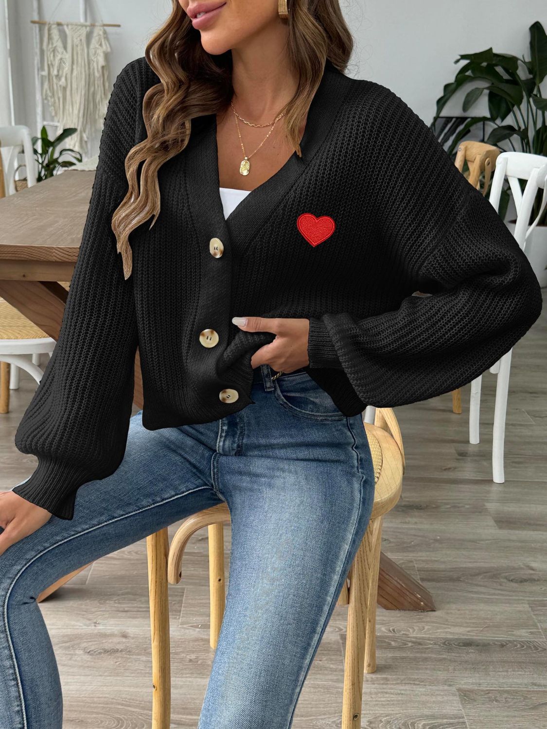 Heart Button Down V-Neck Long Sleeve Cardigan-Angel Casuals