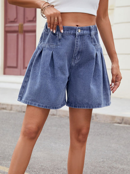 Ruched Half Elastic Waist Denim Shorts-Angel Casuals