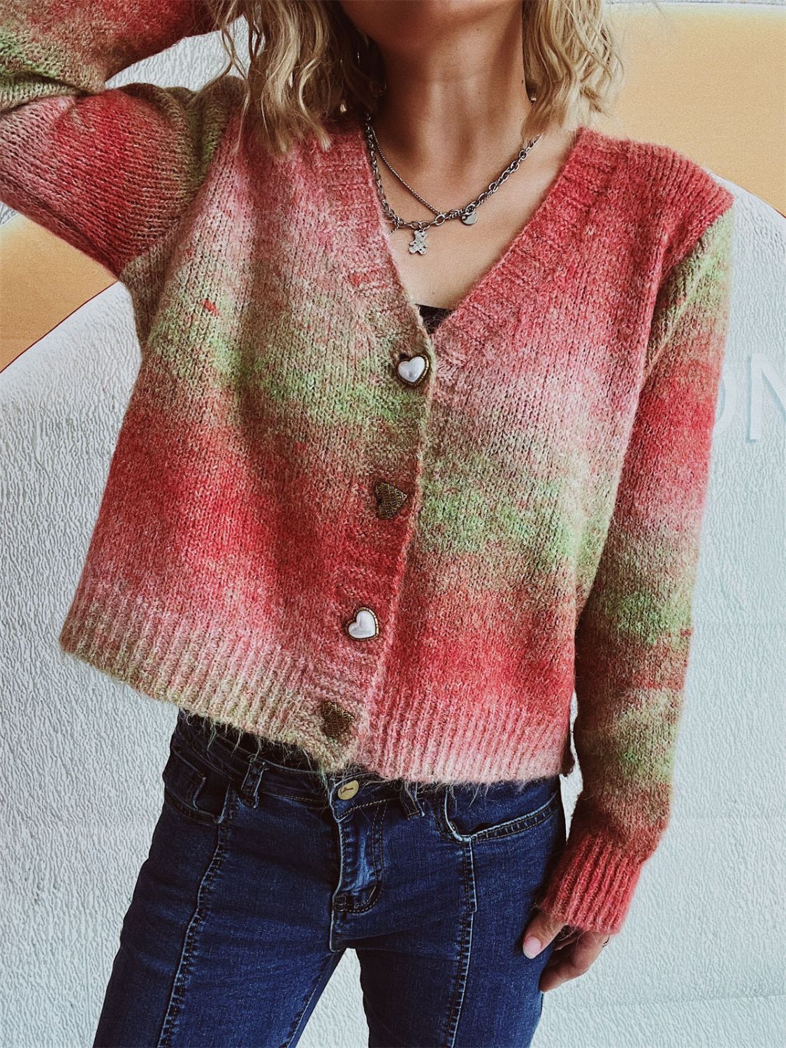 Gradient Heart Shape Button V-Neck Cardigan-Angel Casuals