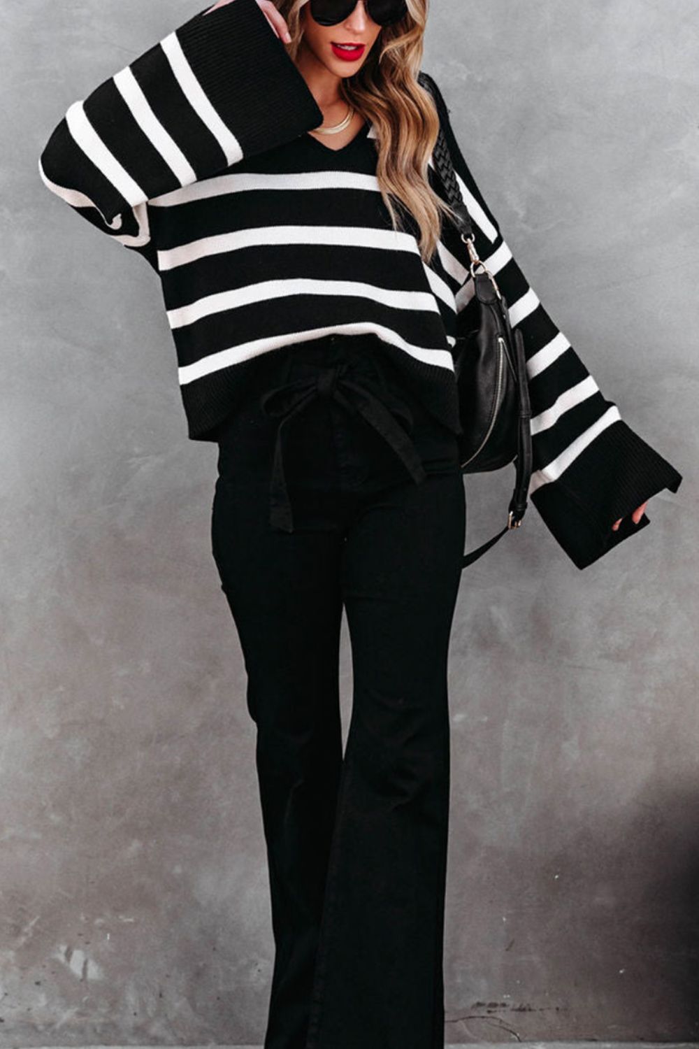 Striped Johnny Collar Long Sleeve Sweater-Angel Casuals