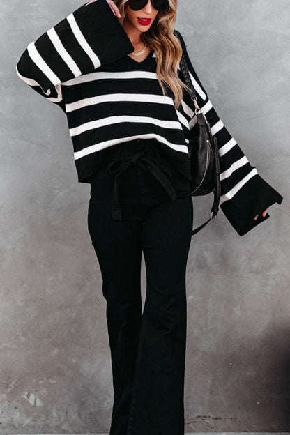 Striped Johnny Collar Long Sleeve Sweater-Angel Casuals
