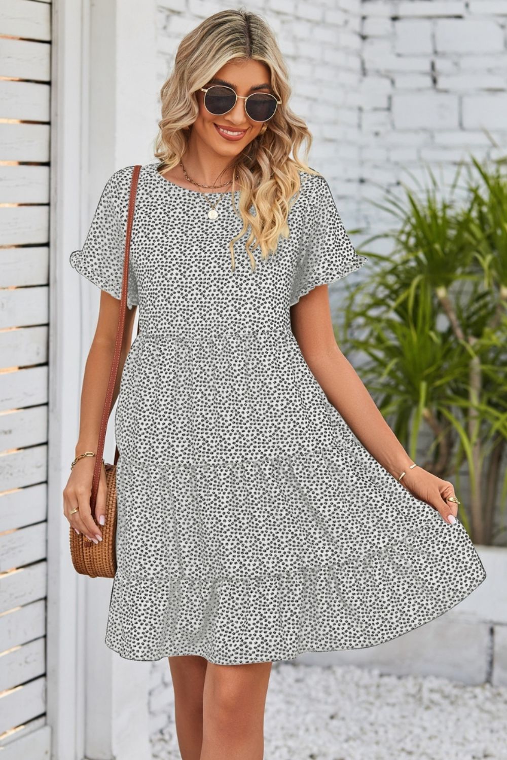 Polka Dot Round Neck Tiered Dress-Angel Casuals