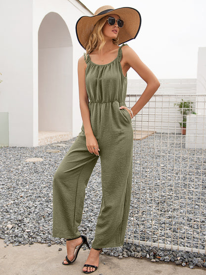 Round Neck Sleeveless Jumpsuit with Pockets-Angel Casuals