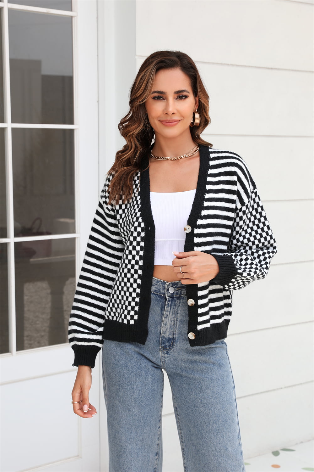 Button-Down Stripe & Plaid Contrast Pattern Cardigan-Angel Casuals