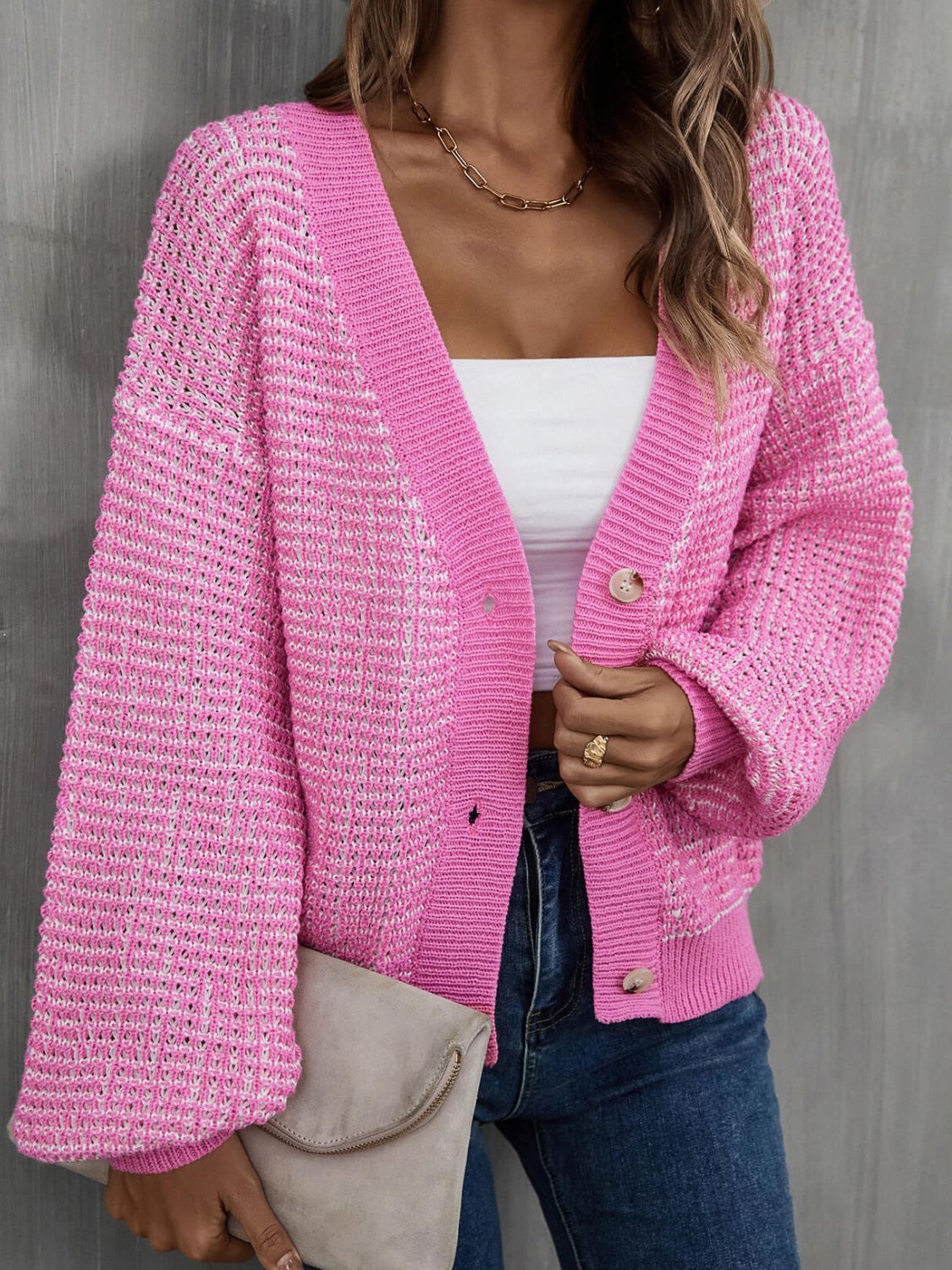 Heathered Lantern Sleeve Cardigan-Angel Casuals