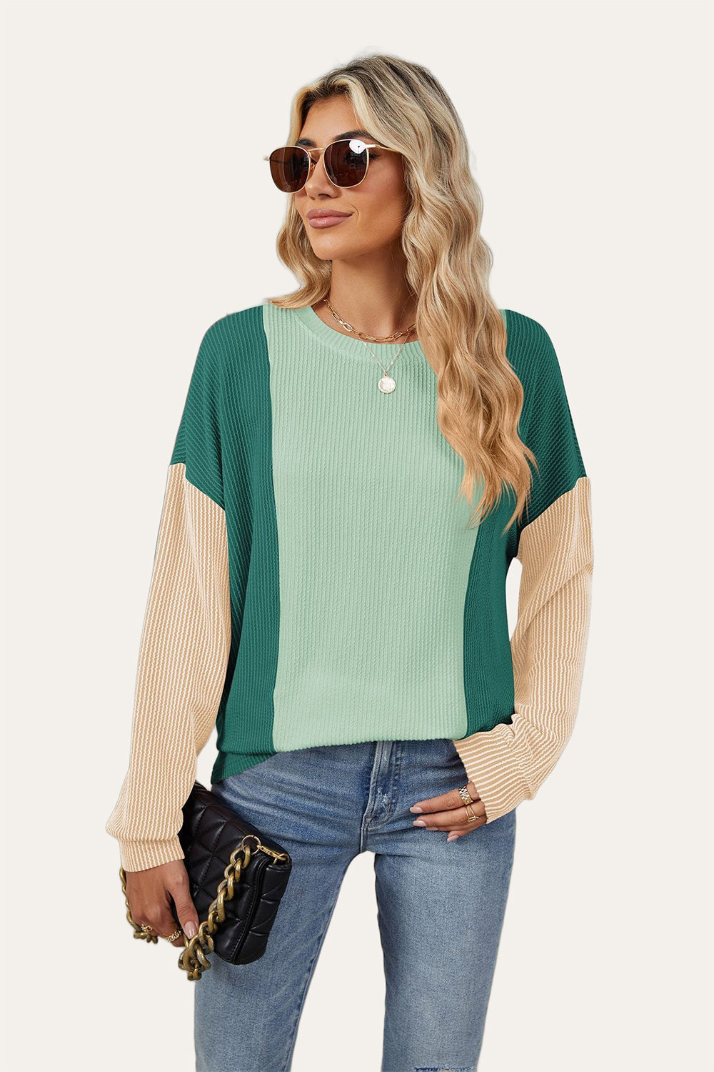 Double Take Texture Contrast Round Neck Long Sleeve T-Shirt-Angel Casuals