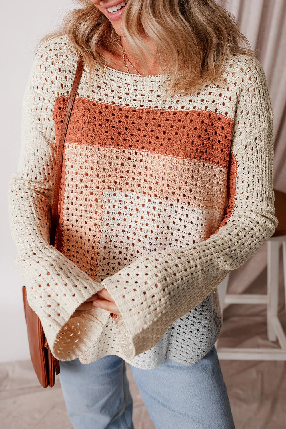 Openwork Color Block Long Sleeve Knit Top-Angel Casuals