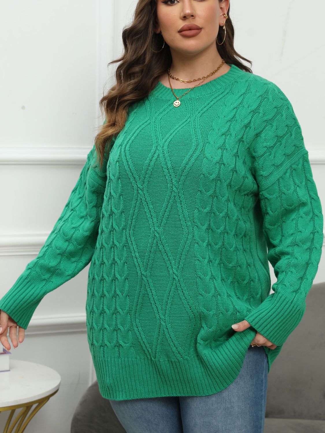 Plus Size Round Neck Long Sleeve Sweater-Angel Casuals