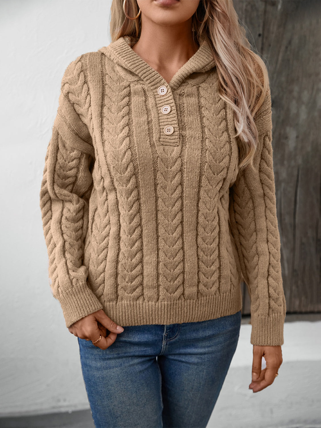 Cable-Knit Long Sleeve Hooded Sweater-Angel Casuals