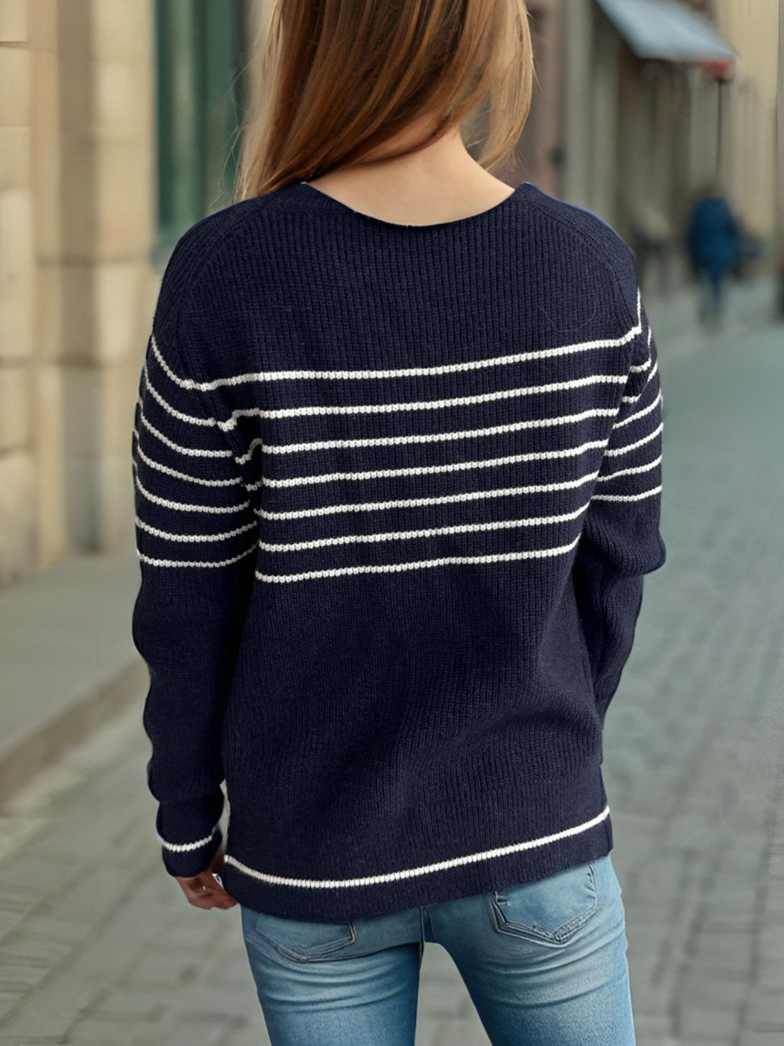 Striped Round Neck Long Sleeve Sweater-Angel Casuals