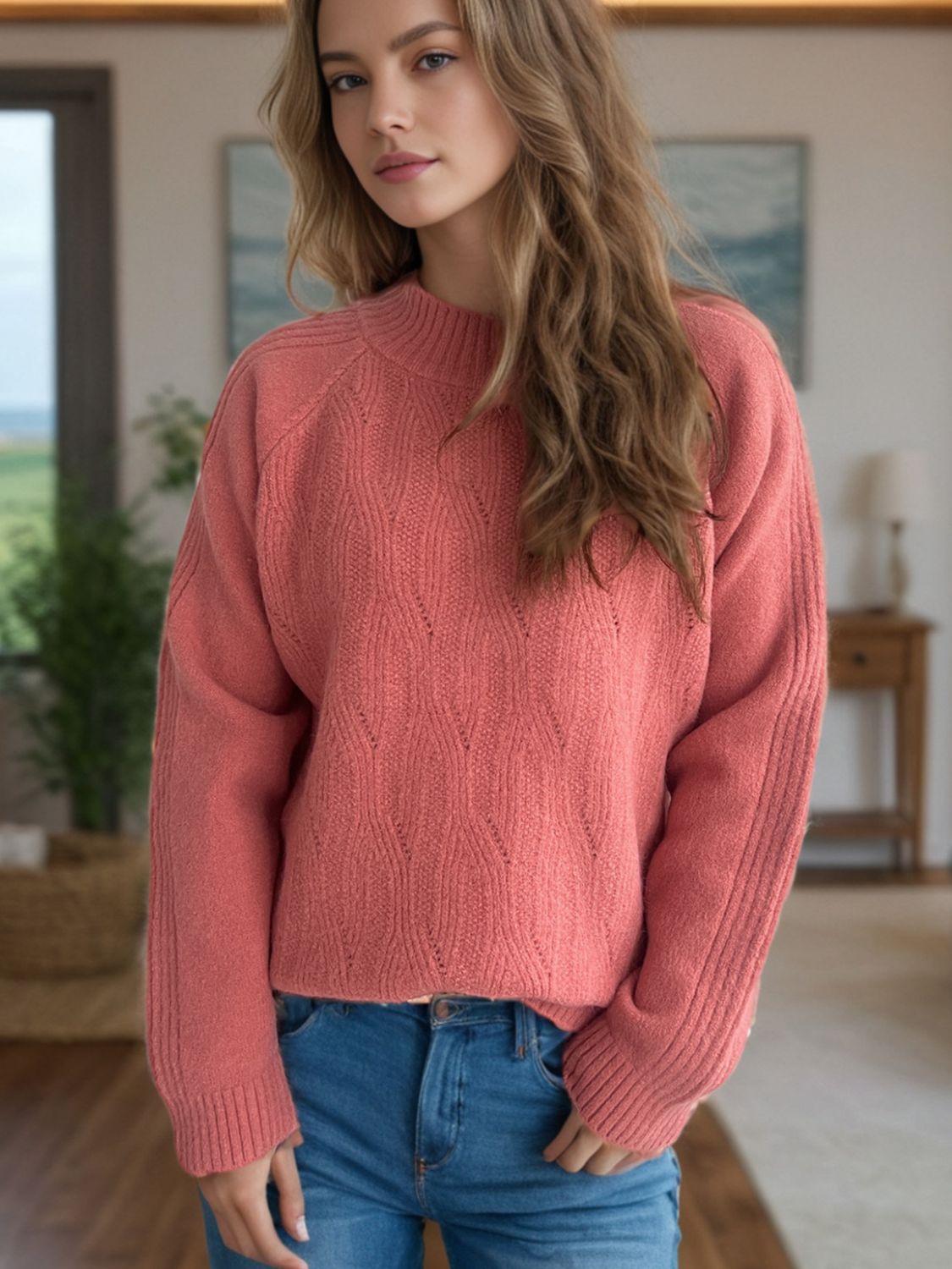 Mock Neck Long Sleeve Sweater-Angel Casuals