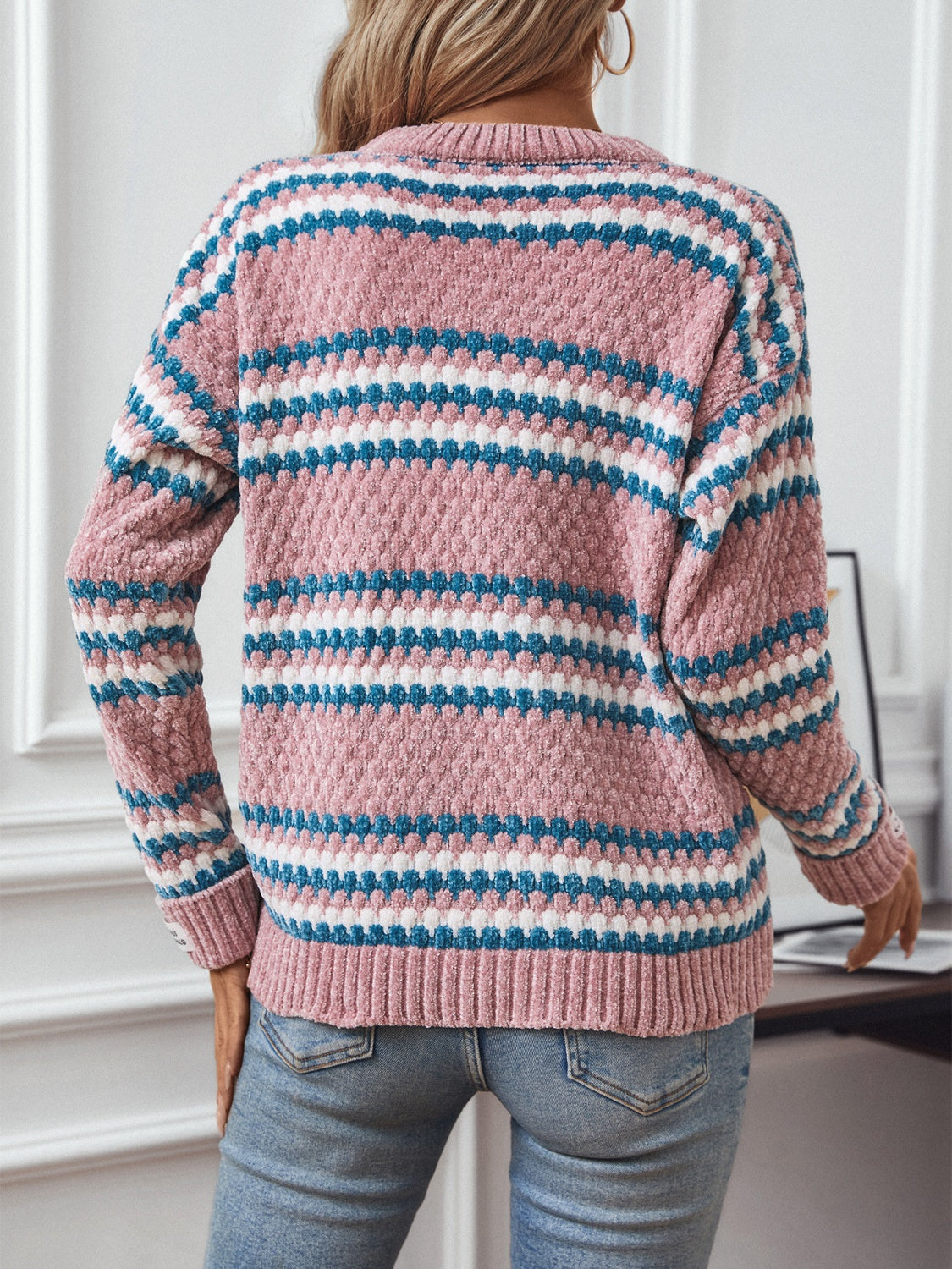 Striped Round Neck Long Sleeve Sweater-Angel Casuals