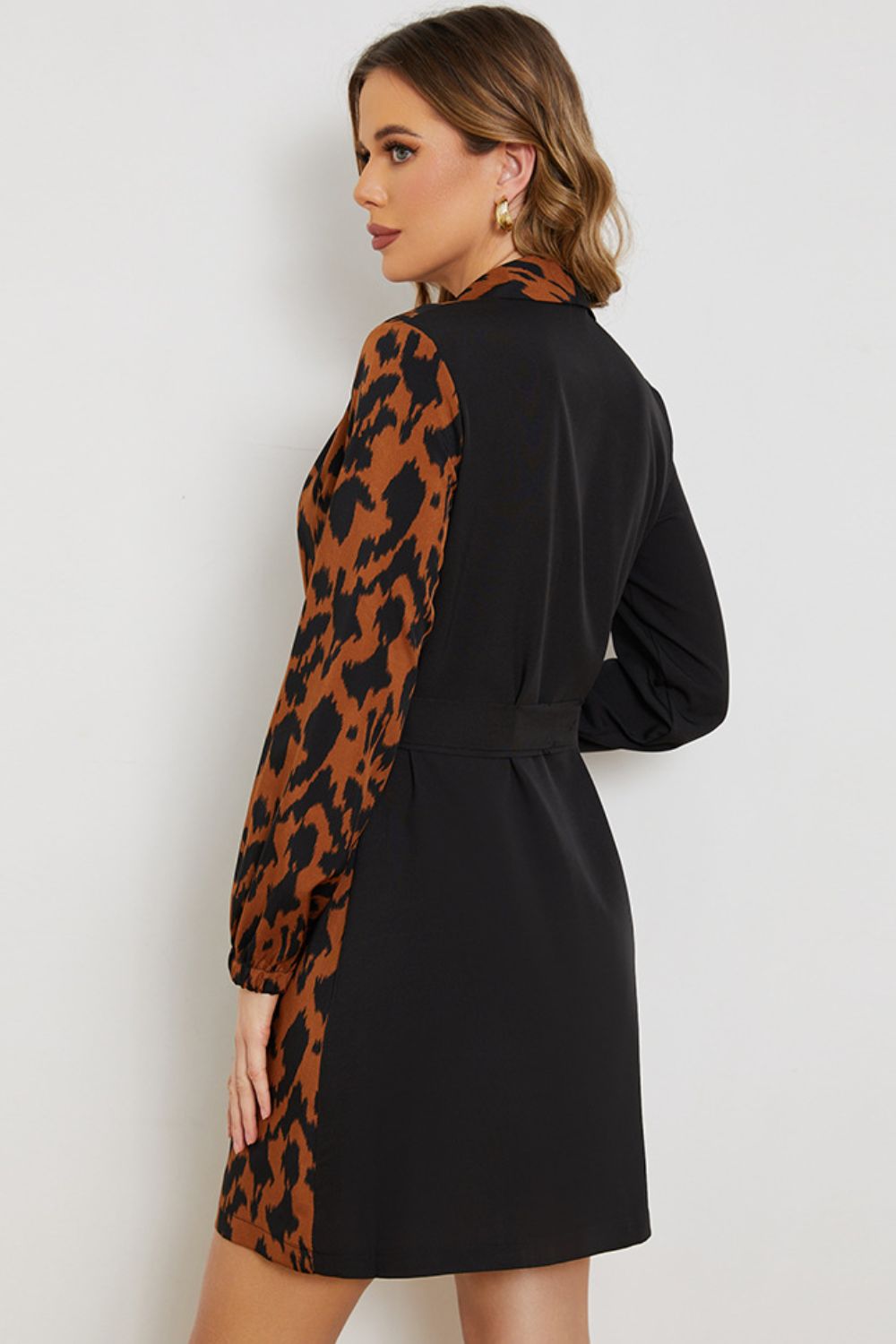 Leopard Color Block Belted Shawl Collar Dress-Angel Casuals