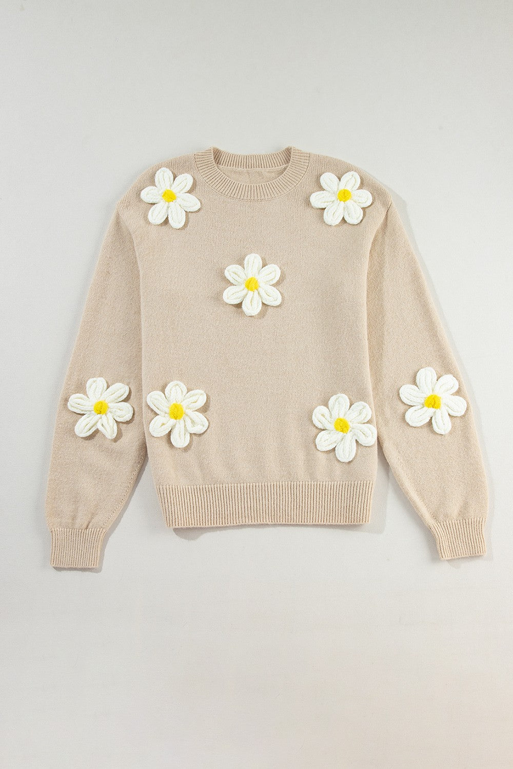 Crochet Flower Round Neck Long Sleeve Sweater-Angel Casuals