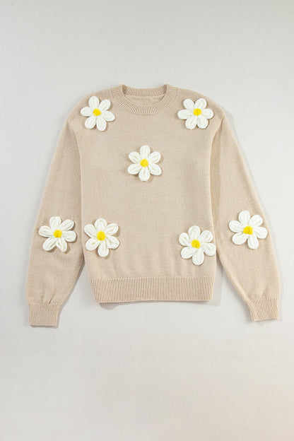 Crochet Flower Round Neck Long Sleeve Sweater-Angel Casuals