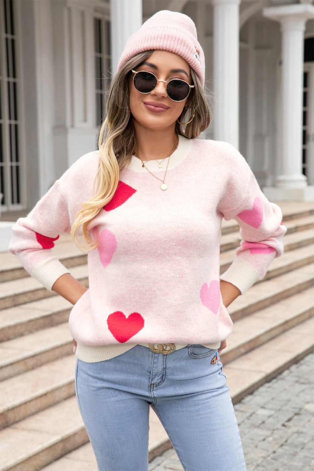 Angel Wings Heart Round Neck Droppped Shoulder Sweater-Angel Casuals