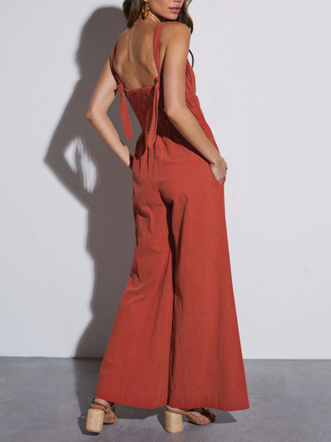 Perfee Ruched Wide Strap Jumpsuit with Pockets-Angel Casuals