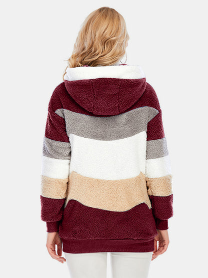 Full Size Drawstring Color Block Zip Up Hooded Outerwear-Angel Casuals